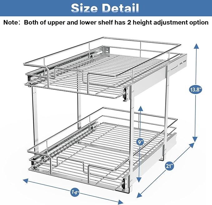 LOVMOR 2 Tier Individual Pull Out Cabinet Organizer 14" W x 21" D, Slide Out Kitchen Cabinet Storage Sliding Shelves