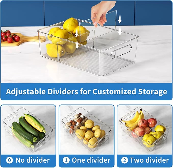 Pantry Organizers and Storage , 8 Pack Snack Organizer for Pantry Shelf,Food Storage Bins with Divider,Clear Containers for Organizing,Transparent Plastic Basket,Refrigerator and Fridge Bins