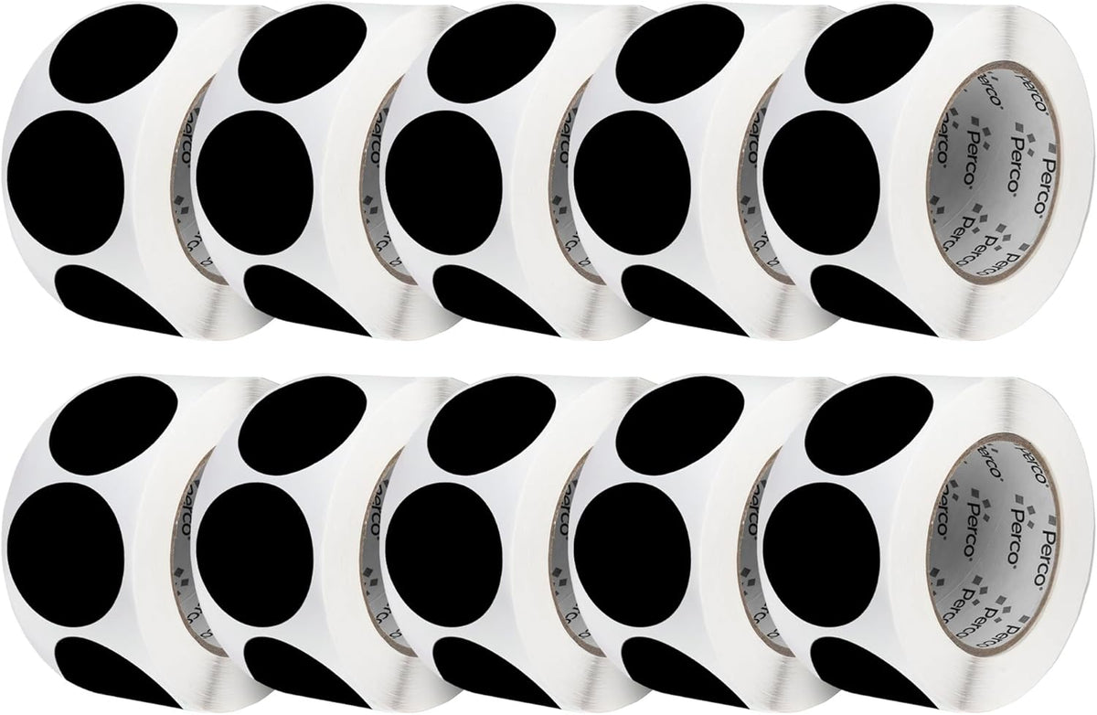 Perco Black 3-Inch Perforated Circle Dot Sticker Labels — 10 Rolls, 5,000 Round Stickers — with Permanent Adhesive for Moving Boxes, Sale Signage, Displays, Status Messaging—Made in USA