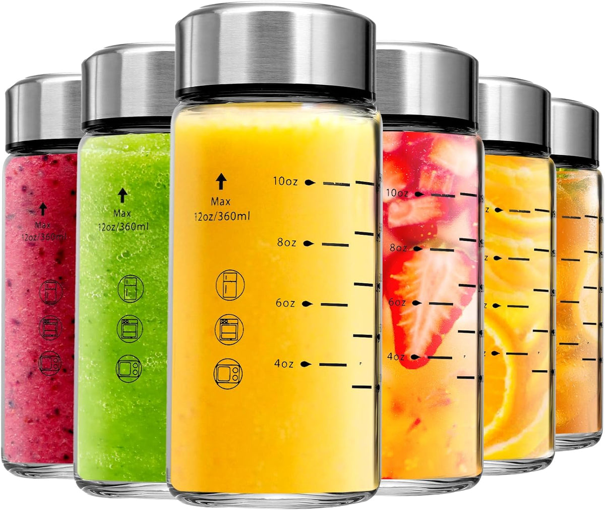 Glass Juice Bottles 6 Pack 12 oz - Wide Mouth Glass Water Bottles with Lids - Borosilicate,Stainless Steel Lids for Juicing, Smoothies, Infused Water, Beverage Storage, Leakproof, Reusable,BPA Free