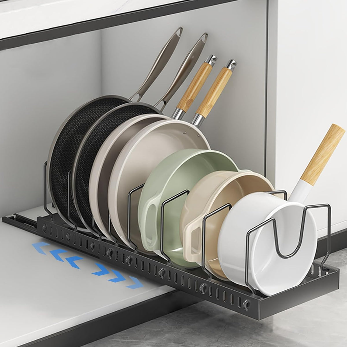 Expandable Pots and Pans Organizer Under Cabinet, Sliding Pot Lid Holder and Pan Rack in Kitchen, Pull out Kitchen Cabinet Storage, with 10 Adjustable Dividers