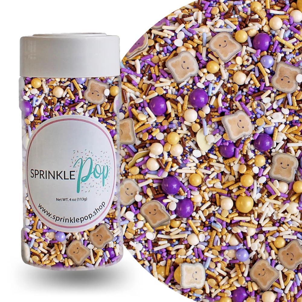 Sprinkle Pop PB&J Sprinkle Mix| lavender Purple Gold Cream Chocolate Sprinkles with ~20 Peanut Butter & Grape Jelly Slice Wafer Papers| Sprinkles Made in USA for Decorating Cake Cupcakes Cookies, 4oz