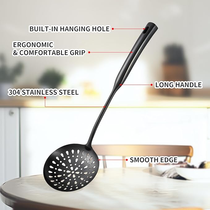 304 Stainless Steel Kitchen Cooking Utensils Set - 9 PCS Serving Utensils, Include Skimmer, Soup Ladle, Spaghetti Server, Wok Spatula, Slotted & Solid Spoon, Slotted Spatula Turner, Meat Fork (Black）