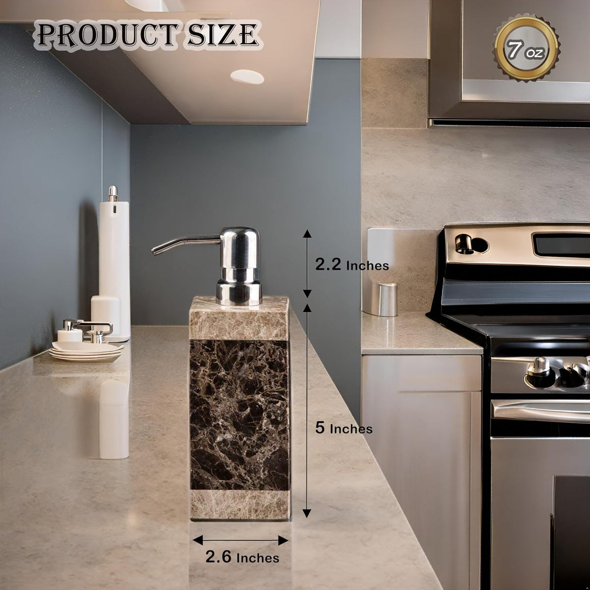 Hand Liquid&Lotion Soap Dispenser Pump Bottle Natural Marble for Kitchen Bathroom Countertop Laundry Room Holds Dish Soap Shampoo Laundry Liquid Shower Gel(Coffee Colour)