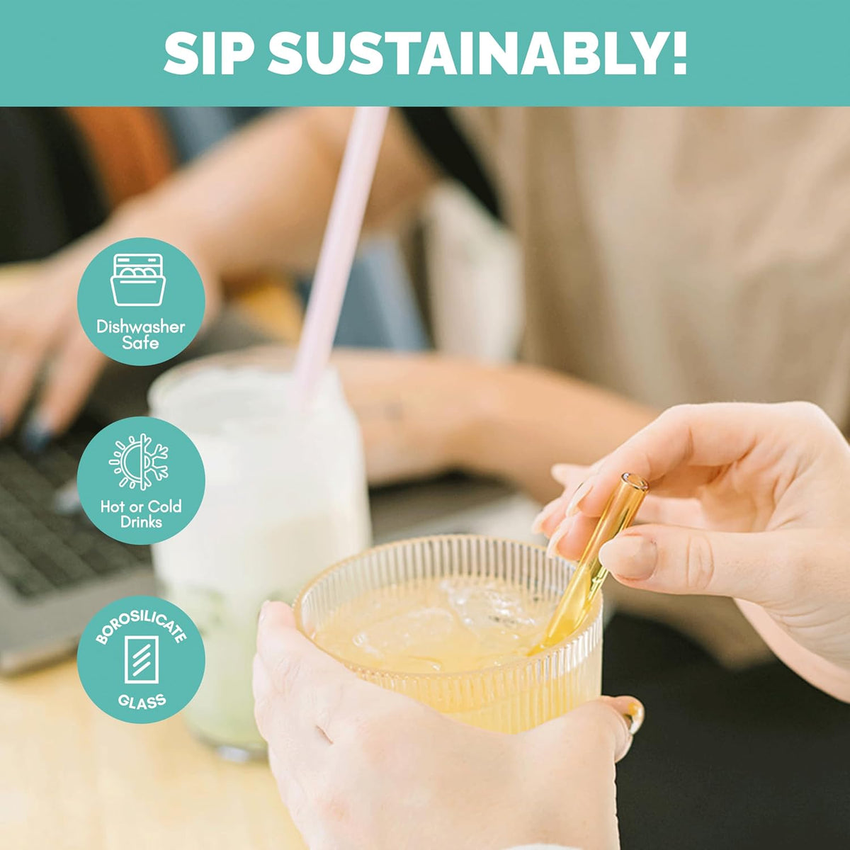 Simply Straws 6 Inch Glass Straws Bent (6-Pack) – Reusable Glass Straws for Low Balls & Stemless Glasses, with Cleaning Brush – Dishwasher Safe, Hot & Cold Use, BPA-Free (Cote d'Azur)