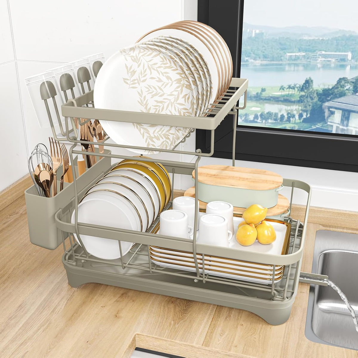 Dish Drying Rack, 2-Tier Dish Drying Rack with Utensil Holder – Large Capacity Auto-Draining Dish Drainer with Drainboard for Kitchen Counter, Grey