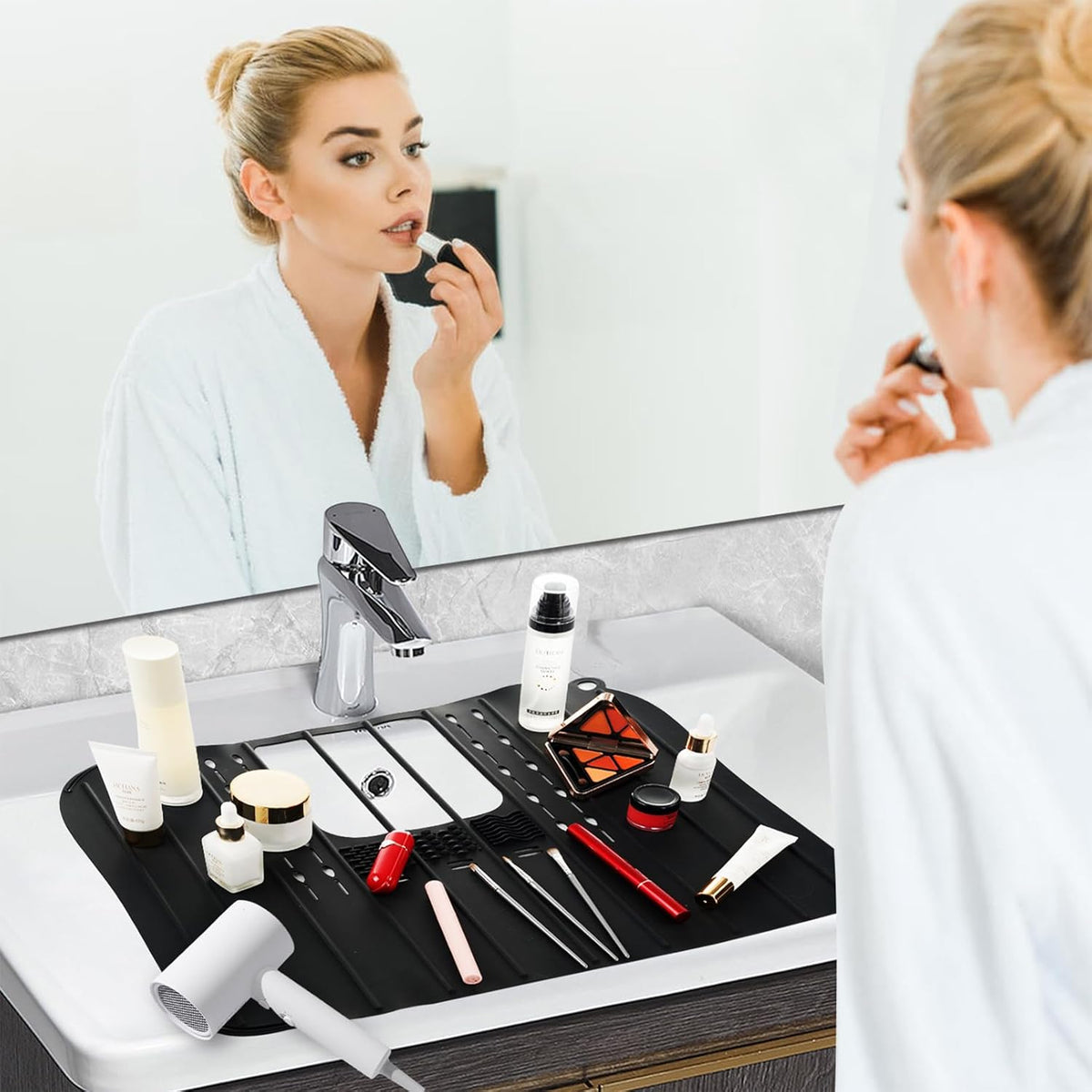 Sink Foldable Cover for Counter Space - Makeup Brush Cleaning Mat - Bathroom Makeup Tools Organizer Space Saver Bathroom Sink Silicone Cover