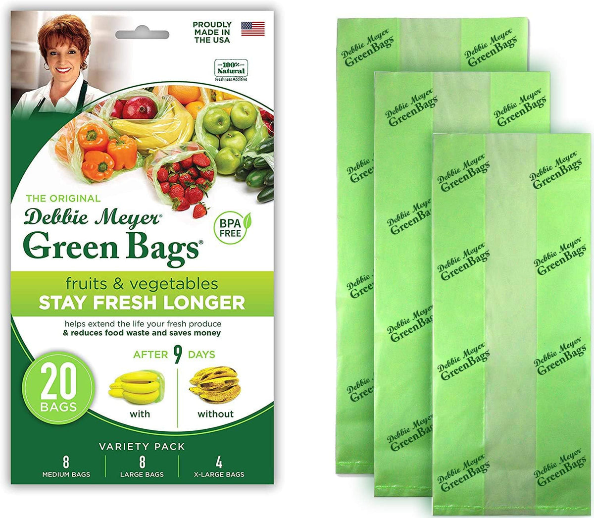 Debbie Meyer, GreenBags 20-Pack (8M, 8L, 4XL) | Reusable Storage Bags Keeps Fruit, Vegetables, Produce, Cut Flowers Fresh Longer, Kitchen & Fridge Preservation Solution, BPA Free, Made in the USA