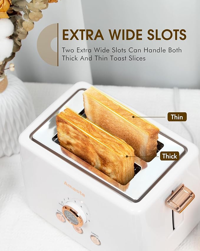 2 Slice Toaster, Retro Bread Toaster with LED Display, Extra Wide Slots Toasters with 6 Bread Shade Settings, Bagel, Cancel, Defrost Function, Stainless Steel with High Lift Lever, Removal Crumb Tray