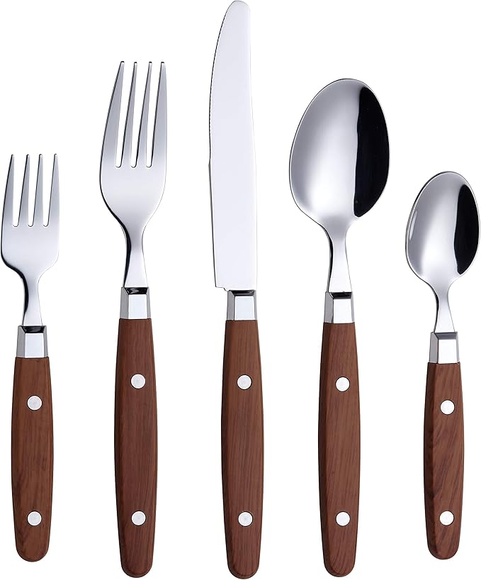 ANNOVA Silverware Set, Retro/Rivet Colorful Stainless Steel Tableware Kitchen Flatware Set Utensils, Includes Dinner Knives, Forks, Spoons, Salad Forks & Dessert Spoons (Wood, 20 Pieces)