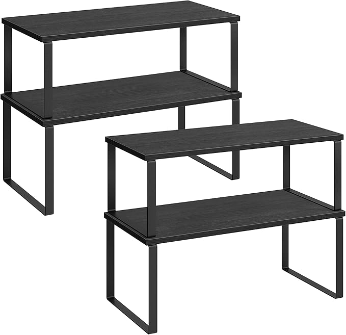SONGMICS Cabinet Organizer Shelf, Set of 4 Kitchen Counter Shelves, Kitchen Storage, Spice Rack, Stackable, Expandable, Metal and Engineered Wood, Ink Black and Ebony Black UKCS028B01