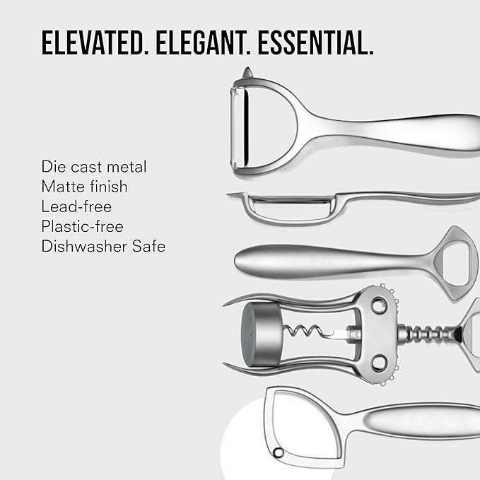Public Goods Kitchen Tool Set | 6 Piece Kitchen Utensil Set | Includes Y-Peeler, Peeler, Bottle Opener, Wine Opener, Pizza Cutter, and Garlic Press | Plastic-Free, Dishwasher Safe Gadget Essentials