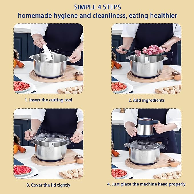 Electric Food chopper, Food Processors, Meat Grinder, 800W, 18/10 Stainless Steel, 3L Capacity,Vegetable Chopper,5-key Buttons,Quadruple-Layer 4 Blades,Suitable For Food processing and Chopping