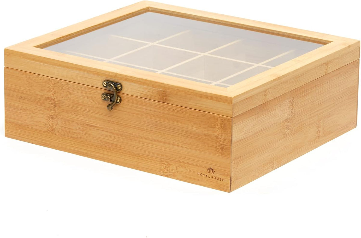 RoyalHouse Big Natural Bamboo Tea Storage Organizer with Clear Acrylic Top Window, 12 Compartments Eco-Friendly Tea Bag Holder, Multi-Functional Storage Box