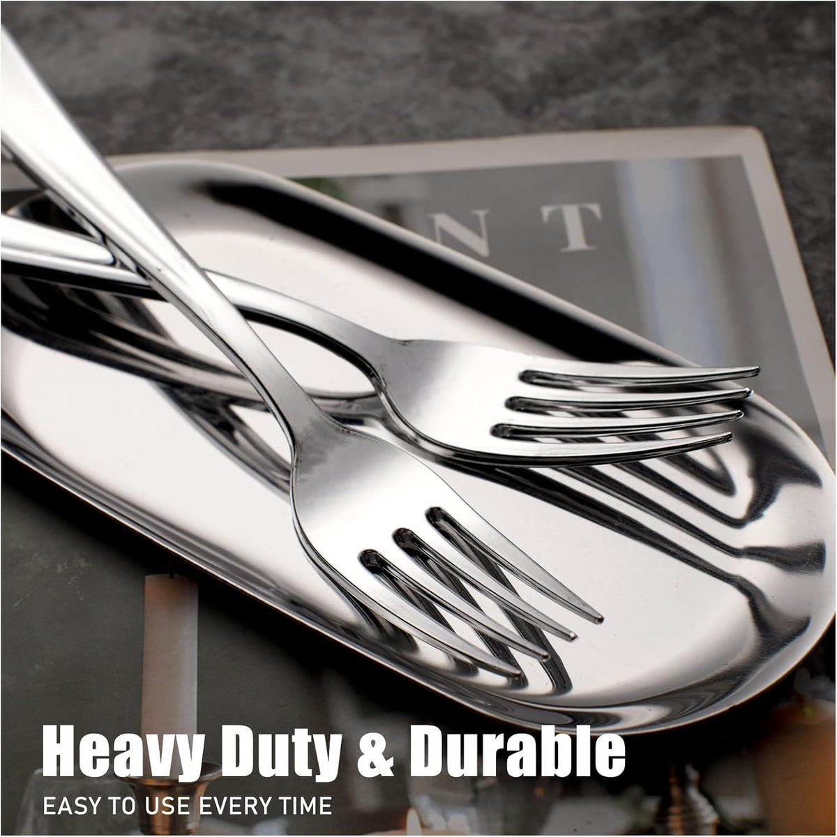 WDF 100 Piece Silver Plastic Forks - 7.4inch Silver Forks Disposable - Plastic Silverware for Dessert Cake - Heavy Duty Plastic Cutlery for Party or Daily Using