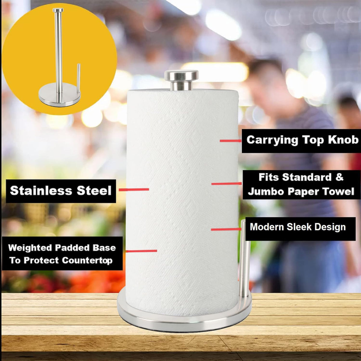 Paper Towel Holder with Side Rod, Stainless Steel, Easy Tear Dispenser for Home Kitchen Countertop Tabletop (Silver)