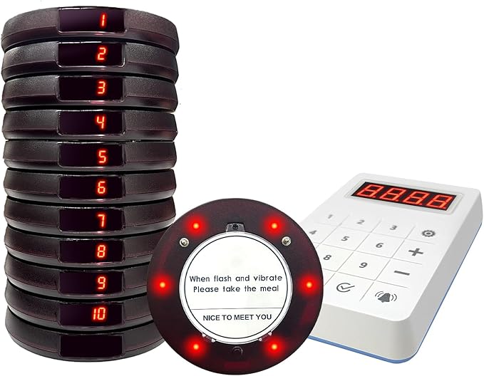 Restaurant Buzzer System, 10 Coaster Beeper Pager System with Buzzer, Customer Queue Pagers Set with Vibration, Flashing and Buzzer, for Food Truck, Church, Nursery