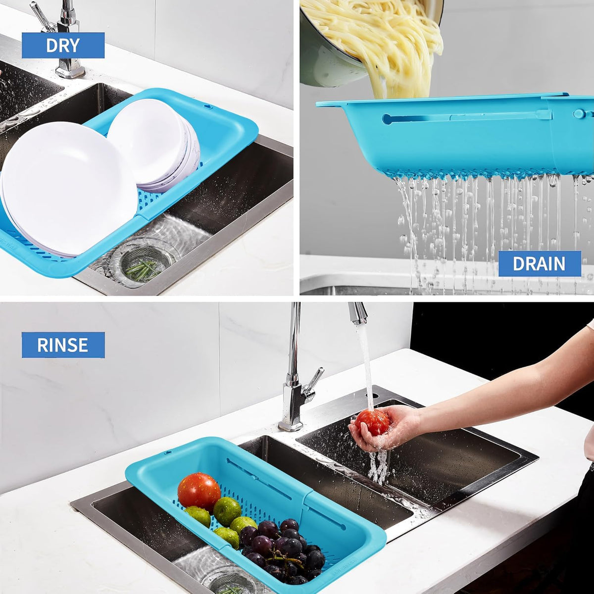 LASSHSWA Collapsible Colander and Strainer for Kitchen, Over the Sink Strainer Basket for Kitchen, Fruit Pasta Food Strainer Expandable Plastic Colander with A Sink Drain Strainer Stainless Steel