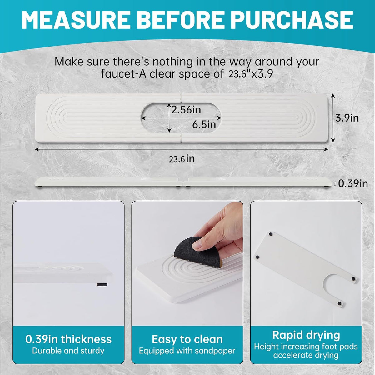 Stone Faucet Mat for Kitchen Sink with Oval Hole – 23.6" × 3.9" Diatomite Drying Stone Mat & Sink Protector, Quick-Dry Splash Guard Water-Absorbing Tray for Bathroom Counter（White.23.6" x 3.9"）