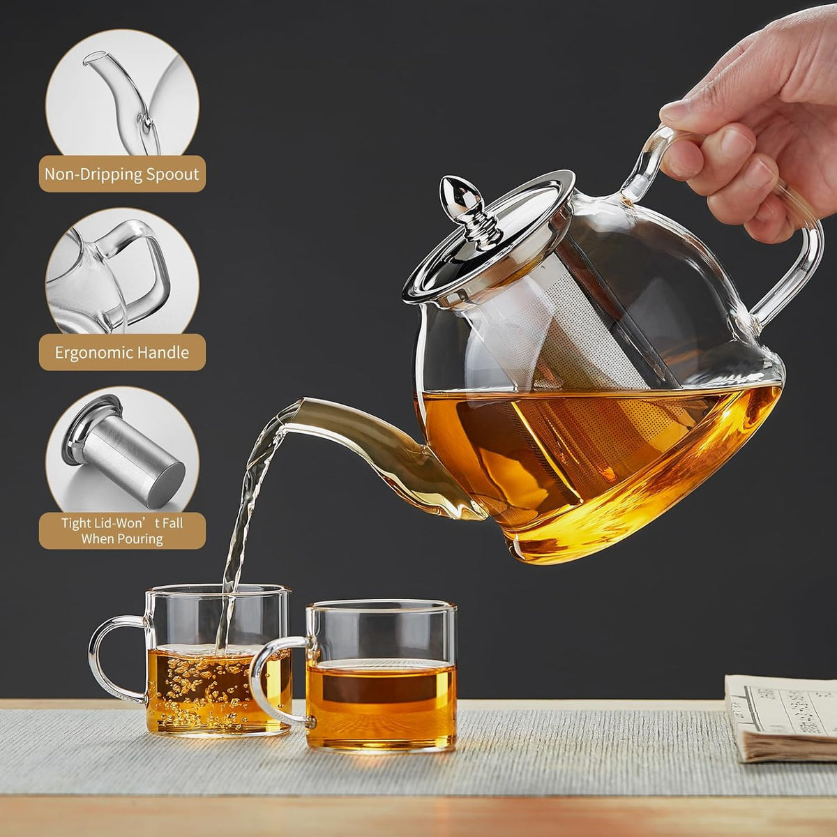 1200ml Glass Teapot with Removable Infuser, Stovetop Safe Tea Kettle, Blooming and Loose Leaf Tea Maker Set
