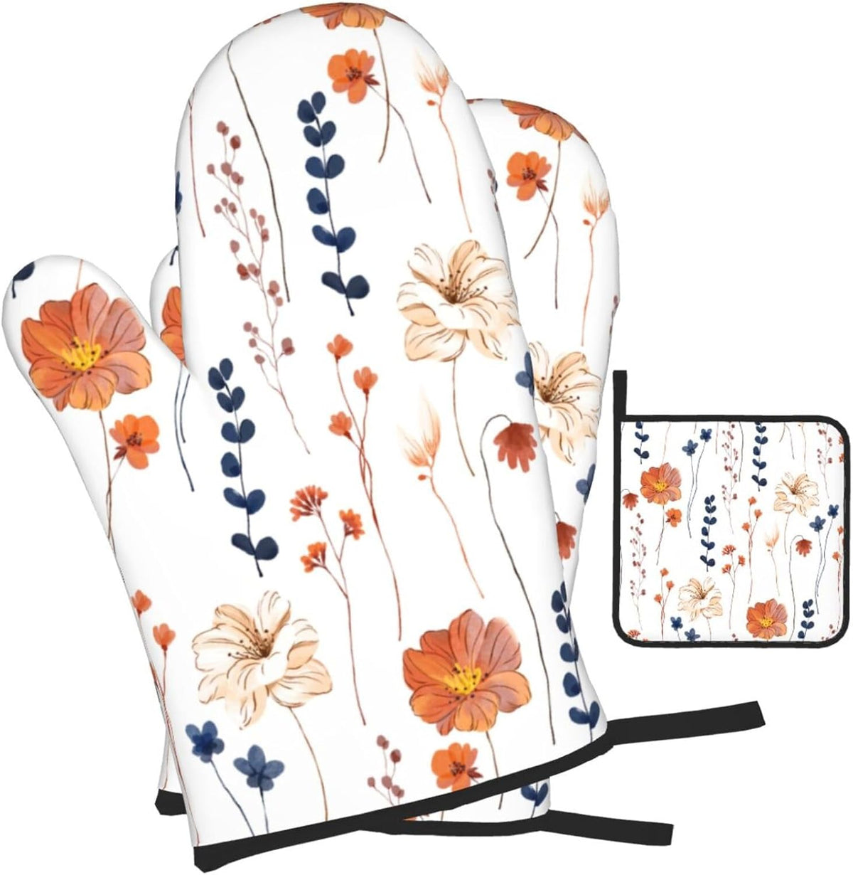 Watercolor Orange Floral Oven Mitts and Pot Holders Set Heat Resistant Non Slip Set of 3 Navy Blue and Orange Flower Decorative Kitchen Gloves Hot Pads for Cooking BBQ Baking Grilling