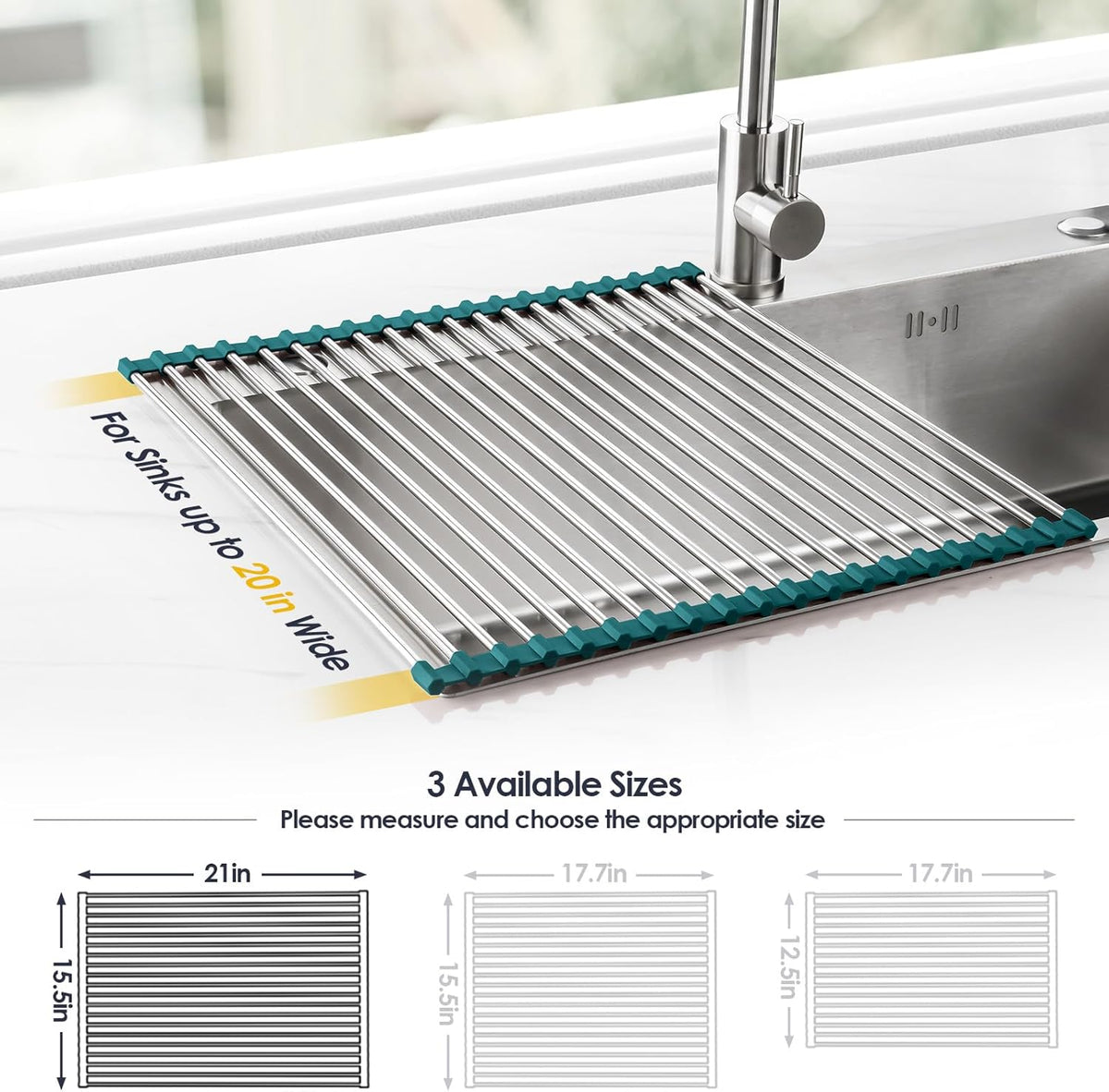 Tomorotec Stainless Steel Roll Up Dish Drying Rack, Foldable Over The Sink Rolling Drainer Rack, Multipurpose Kitchen Gadget Draining Caddy Organizer, Space Saving Sink Accessory Storage Shelf Holder