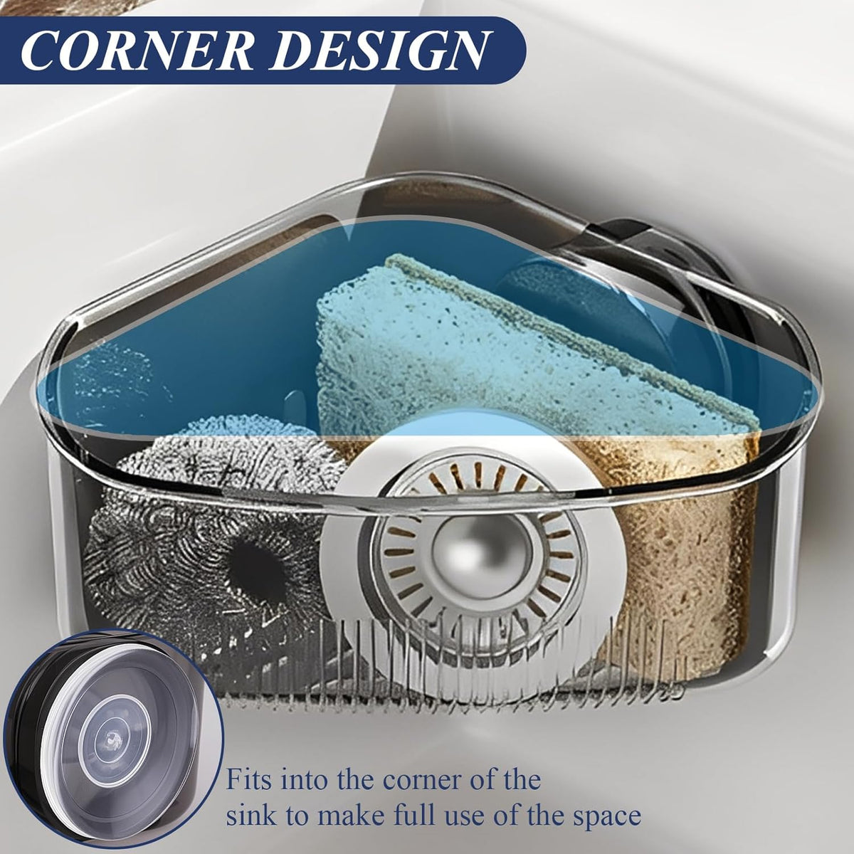Sink Strainer Basket, Triangle Suction Cup Sink Corner Rack, New Upgraded Corner Sink Strainer with Drainage Hole, Punch-Free Corner Sink Trash Catcher for Kitchen and Bathroom (Black)