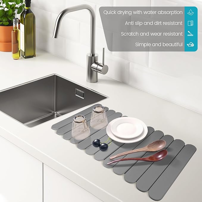 Extral Large Quick Dry Stone Drying Mat for Kitchen Counter,28"(L)x16"(W) Collapsible Eco-Friendly Absorbent Diatomaceous Earth Mat for Dishes Cups,Dish Drying Mats (Medium gray-Ellipse, 28x16 inch)