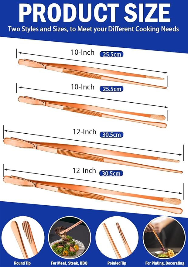 JETKONG 4 Pcs Kitchen Tweezers, 12'' and 10'' Stainless Steel Cooking Tweezers Set, High-Precision Tweezers Tongs for Cooking, Repairing, Seafood and BBQ (Rose Gold)