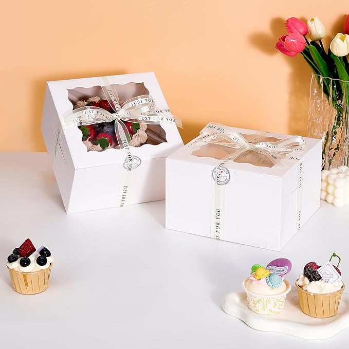 8x8x5 Cake Box, 28 Sets Cake Box with Window ＆ 28 Sets 8" White Cake Round Boards, 8inch Cake Containers(White, 885inch/28pcs)