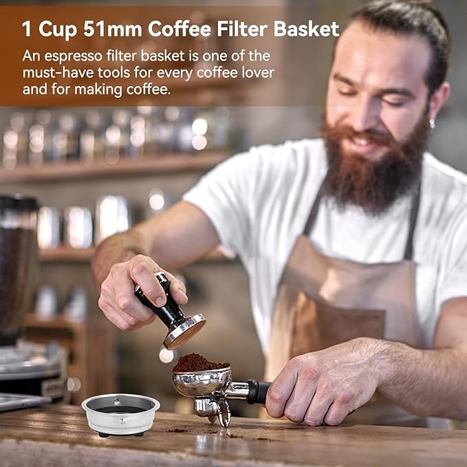 1 Cup 51mm Coffee Filter Basket, Stainless Steel Pressurized Mesh Coffee Filters Bottomless Portafilter Coffee Machines Accessories for Semi-Automatic Coffee Machine Series (1 Cup)
