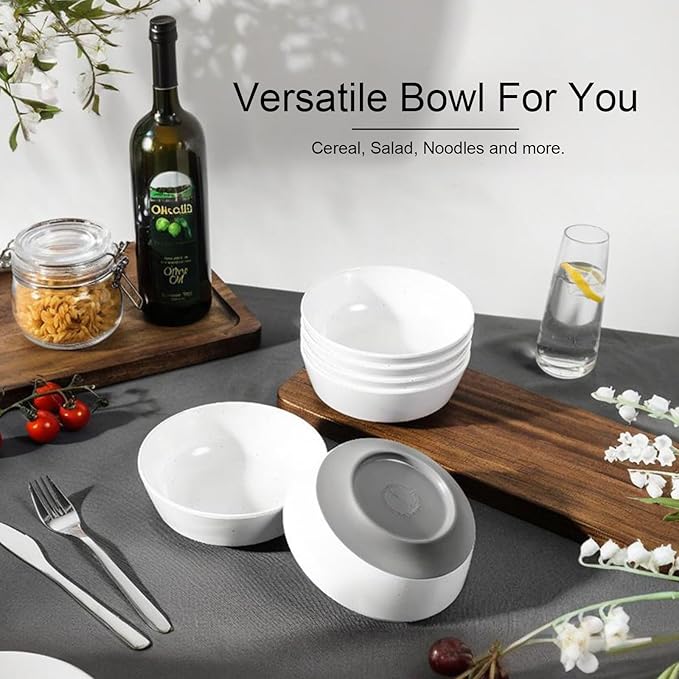 Webbylee 6-inch Melamine Bowls set of 6-20-ounce Dinnerware Cereal Bowls for Soup, Salad & Dessert | Dishwasher Safe & Space Saving(White/Grey)