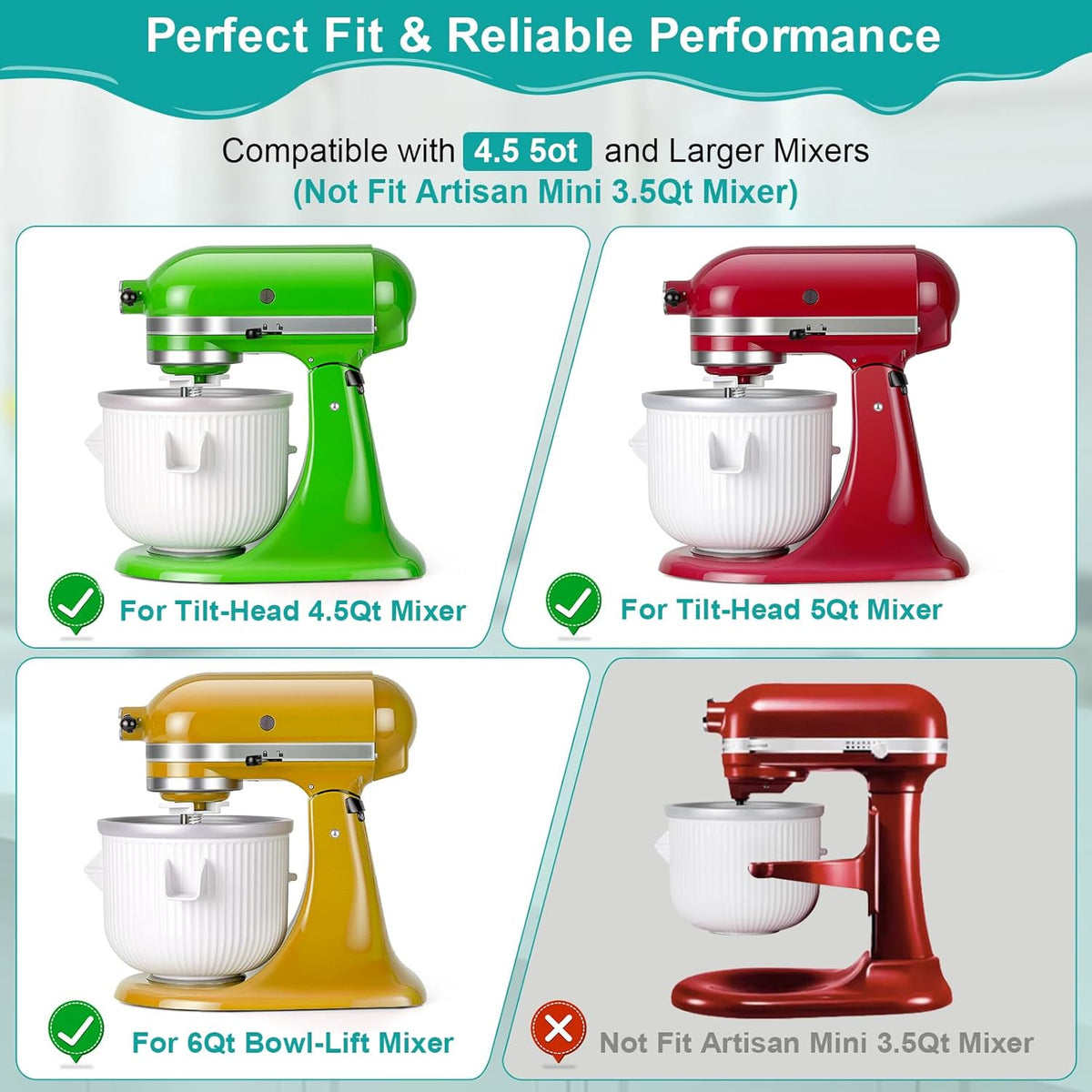 Ice Cream Maker Attachment for KitchenAid Stand Mixer, Ice Cream Bowl Compatible with 4.5Qt and Larger Stand Mixers, Ice Cream & Sorbet Gelato Maker Attachment, 2 Quart, White XTMZ