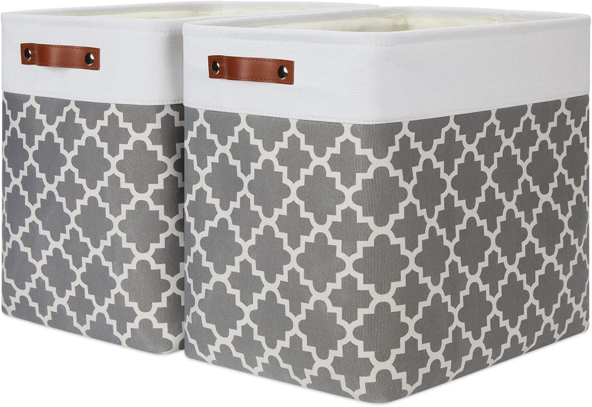 DULLEMELO Storage Baskets Large 17"x12"x15" Foldable Rectangular Storage Bins Baskets for Organizing [2 Pack] Fabric Nursery Storage Baskets for Home,Office,Closet,Clothes,Toys (White&Lattice Grey)