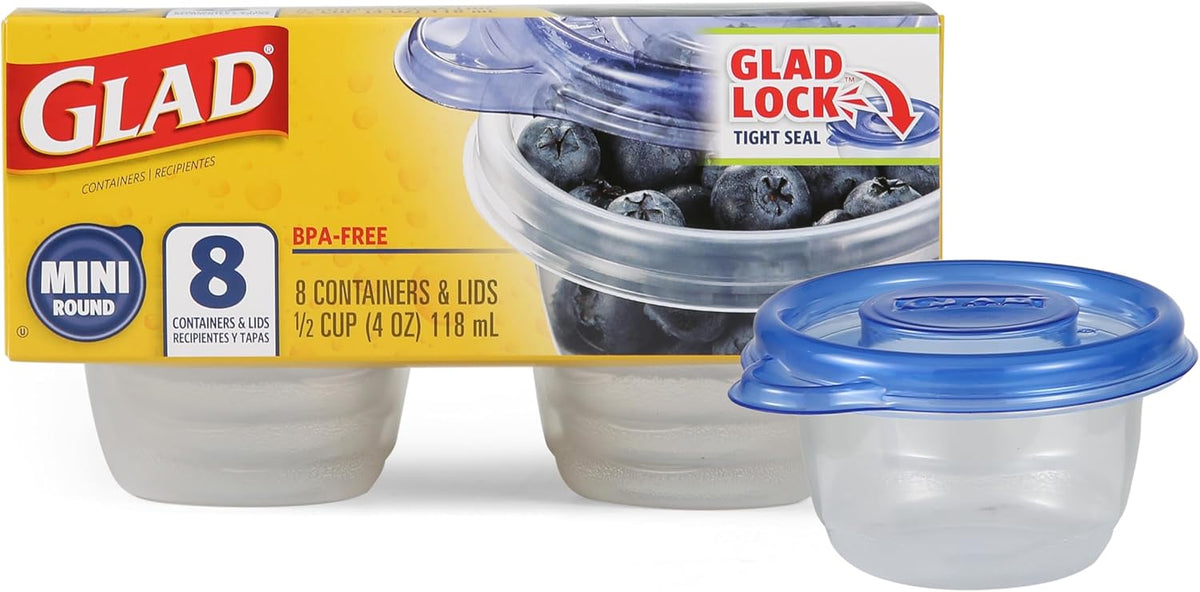 Glad GladWare Mini Round Food Storage Containers - Small Meal Container Holds up to 4 Ounces of Food - Lock Tight Seal, 8 Count
