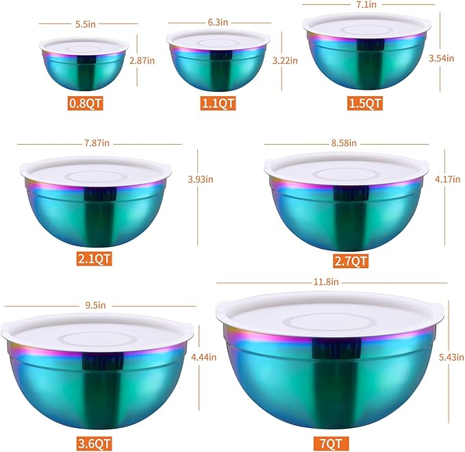 Rainbow Mixing Bowls with Lids Set of 7, Stainless Steel Nesting Bowl with Khaki Lid for Non-slip Mixing Prepping Storing Serving, 7 Sizes-7/3.6/2.7/2.1/1.5/1/0.8 QT