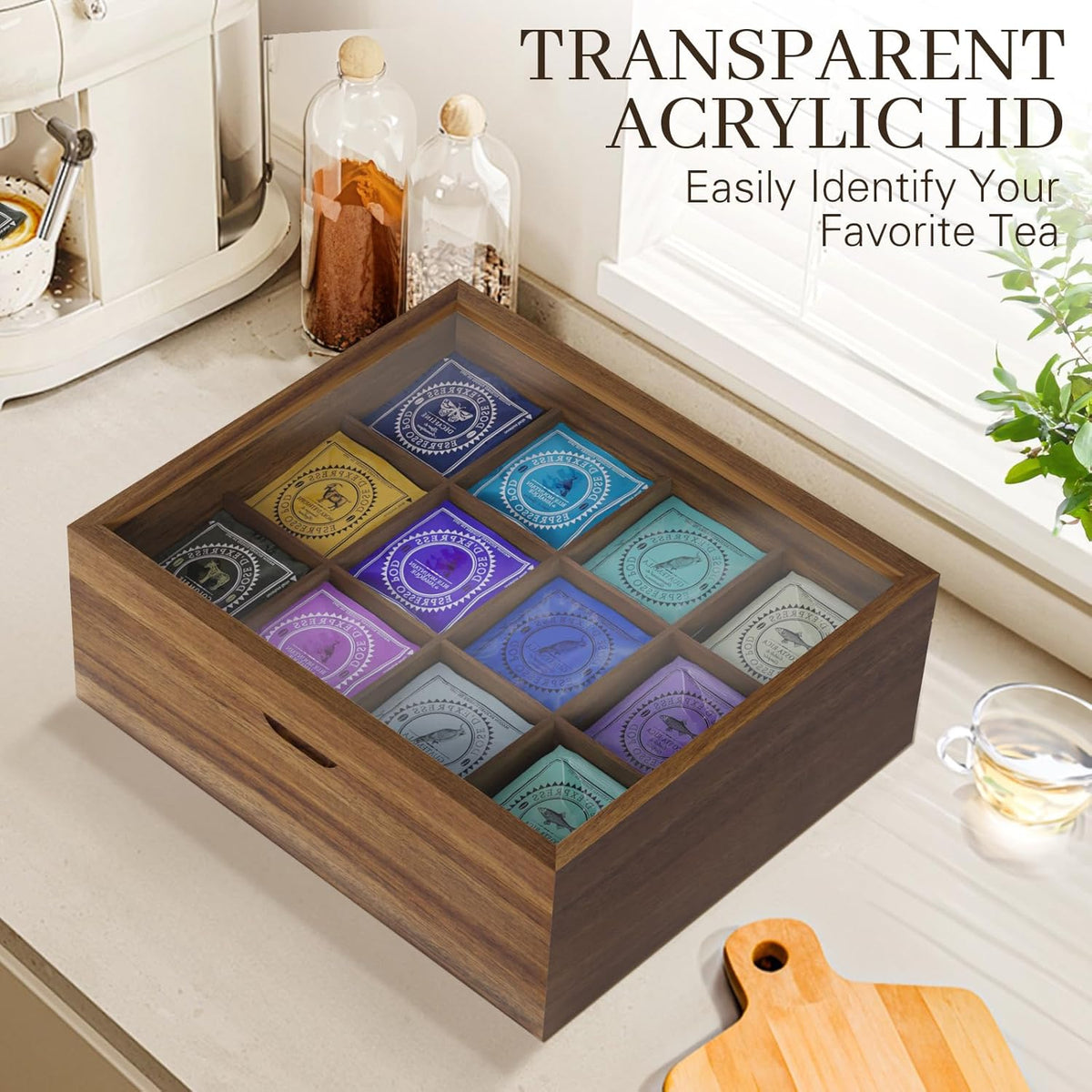 Acacia Wood Tea Bag Organizer, 12 Compartments Tea Box Organizer Storage Box, Teabag Holder Organizers with Clear Acrylic Window, Magnetic Lid and Removable Dividers