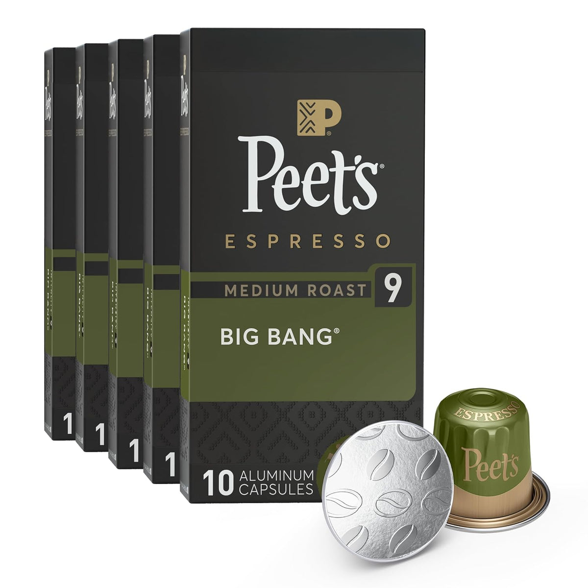 Peet's Coffee, Medium Roast Espresso Capsules, Compatible with Nespresso Original Machines - Big Bang Intensity 9, 50 Count (5 Boxes of 10 Espresso Capsules)