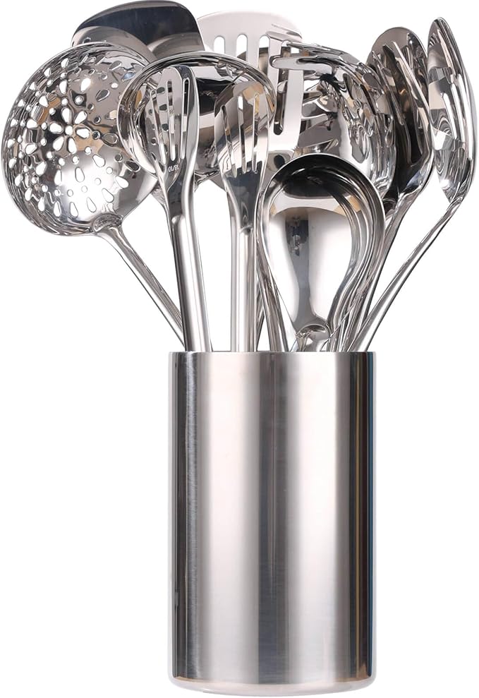 18/10 Stainless Steel Kitchen Utensils Set with Holder - 15″ Spatula Spoon Set with Storage Organizer for Countertop, Fork, Tongs, Spatula, Ladle, Skimmer, Turner, Spaghetti, Large Spoon Set of 12