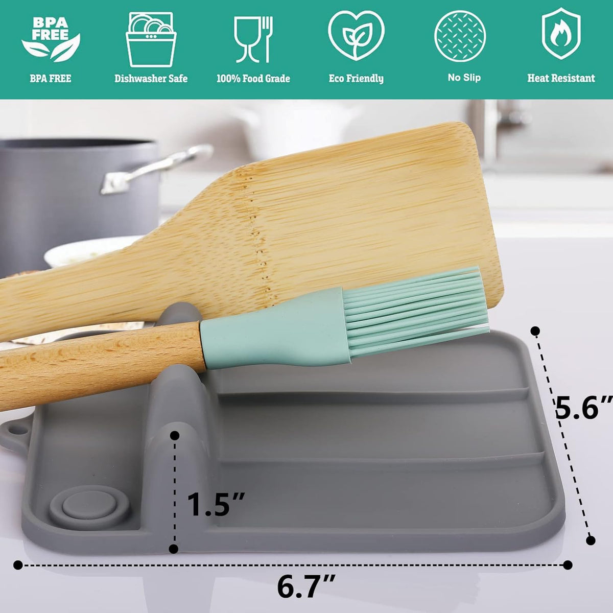 Spoon Rest, Silicone Spoon Holder for Stove Top with Drip Pad Suitable for Multiple Kitchen Gadgets, 3 Grooves Upgraded Utensil Rest for Kitchen Counter, Heat Resistant Dishwasher Safe Gray