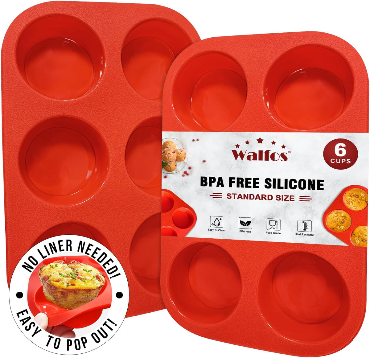 Walfos Silicone Muffin Pan - 6 Cup Non-Stick Silicone Cupcake Pan, Just PoP Out! Food Grade and BPA Free Baking Cups, Perfect for Egg Muffin, Cupcake, Dishwasher Safe (2 Pack Muffin Pan)