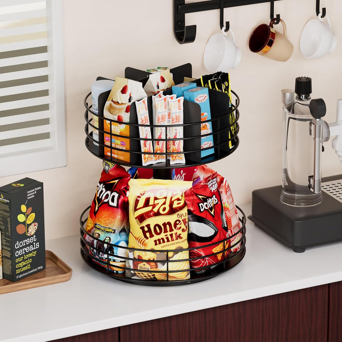 Snack Organizer - Versatile Snack Storage 2 Tier Lazy Susan with Convenient Grab-and-Go Design, Metal Snack Holder for Home, Office, Breakroom, 11.85" L x 11.85" W x 13.3" H (Matte Black)