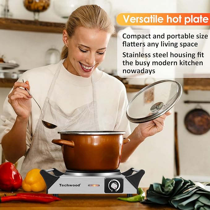 Techwood Hot Plate for Cooking, 1500W Electric Stove Countertop Single Burner with Adjustable Temperature & Stay Cool Handles, 7.5” Cooktop for Home/RV/Camp, Compatible for All Cookwares, Silver