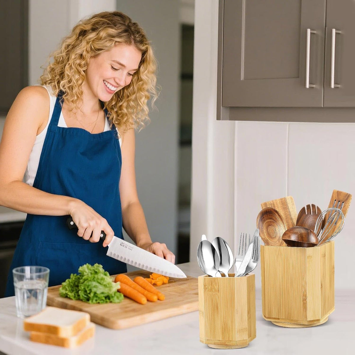 2 Pack Wooden Utensil Holder, 360°Rotating Kitchen Cooking Utensil Crock, Spoon Spatula Holder for Kitchen Counter, Farmhouse Countertop Organizer ()