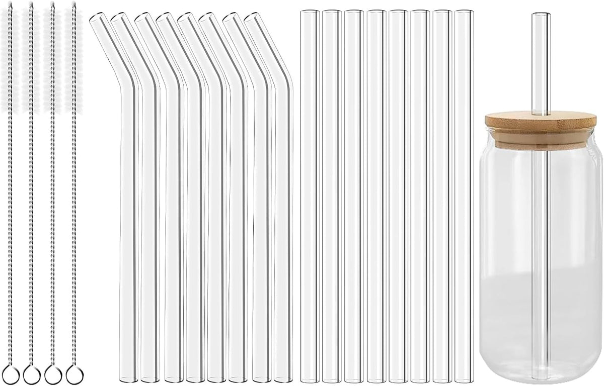 Lazycorner Reusable Glass Straws Set 16 Pcs 8.5''x 10MM Bent Straight Clear Glass Drinking Straws Set of 8 Straight and 8 Bent with 4 Cleaning Brushes Perfect For Smoothies, Tea, Juice-Clear Cocktail.