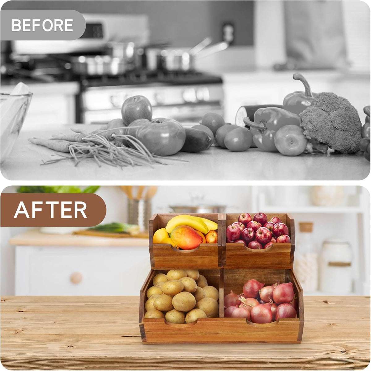 3 in 1 Acacia Wood Pantry Storage Bins for Kitchen（No installation Required）-Potato and Onion Storage Bins，2-tier Vegetable and Fruit Organizer with Anti-slip Mat，Stacking Bins for Kitchen & Pantry