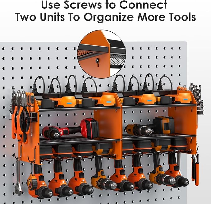 CCCEI Modular Power Tool Organizer Wall Mount with Charging Station. Garage Drill Storage Shelf with Hooks, Heavy Duty Rack, Tool Battery Holder Built in 8 Outlet. Gift for Men. Orange, 2 Pack.
