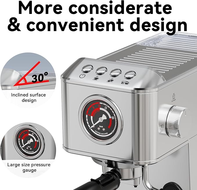 EM623 Espresso Machine 20 Bar with Steam Milk Frother, Stainless Steel Coffee Machine with Removable Water Tank for Cappuccino,Latte, Compact Stainless Steel Coffee maker for home,Great Gift