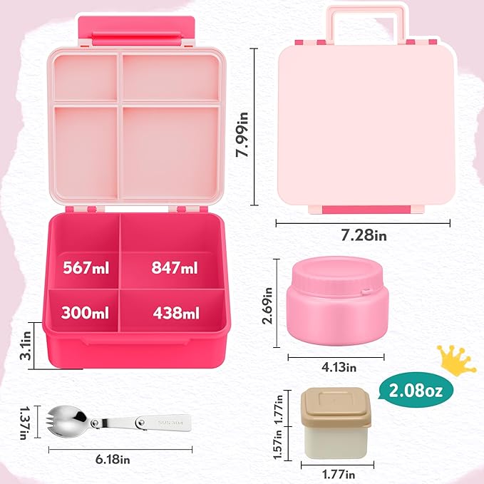 Kids Bento Lunch Box with 8oz Soup Thermo, Kids Leakproof Lunch Food Containers with 4 Compartment,Insulated Hot Food Jar with Lunch Bag for School, Travel (Pink-No lunch bag)