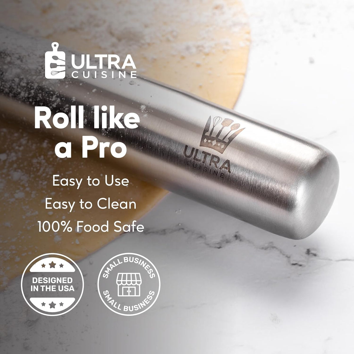 Ultra Cuisine French Rolling Pin for Baking – Use with Pizza, Cookie, and Pastry Dough, Fondant and Pie Crust – Tapered Design Bread Roller Pin, Stainless Steel 15.75-inch Large Roller Pin